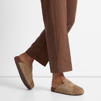 tan adidas slip-on studded suede mule clog with low cork-look heel