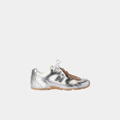 New Balance 328 silver and white trainer with gum sole and mesh upper