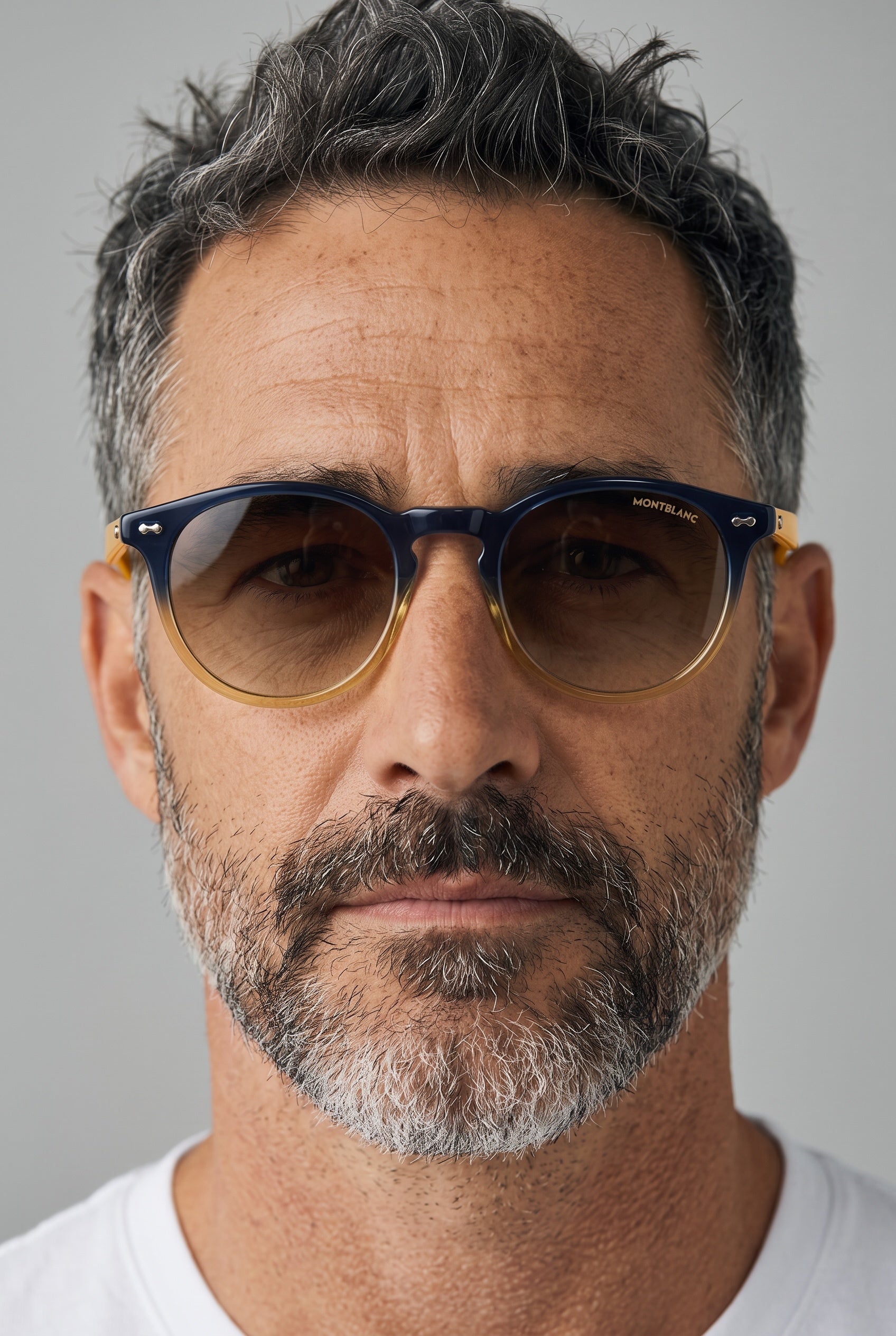 Montblanc round sunglasses with navy to amber gradient frame and brown gradient lenses