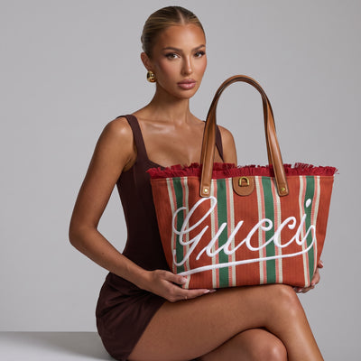 Gucci large orange and green striped tote bag with leather handles
