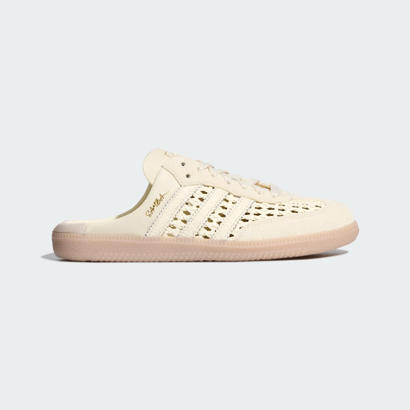 Cream Adidas Samba mule with woven upper and gum sole, backless slip-on style