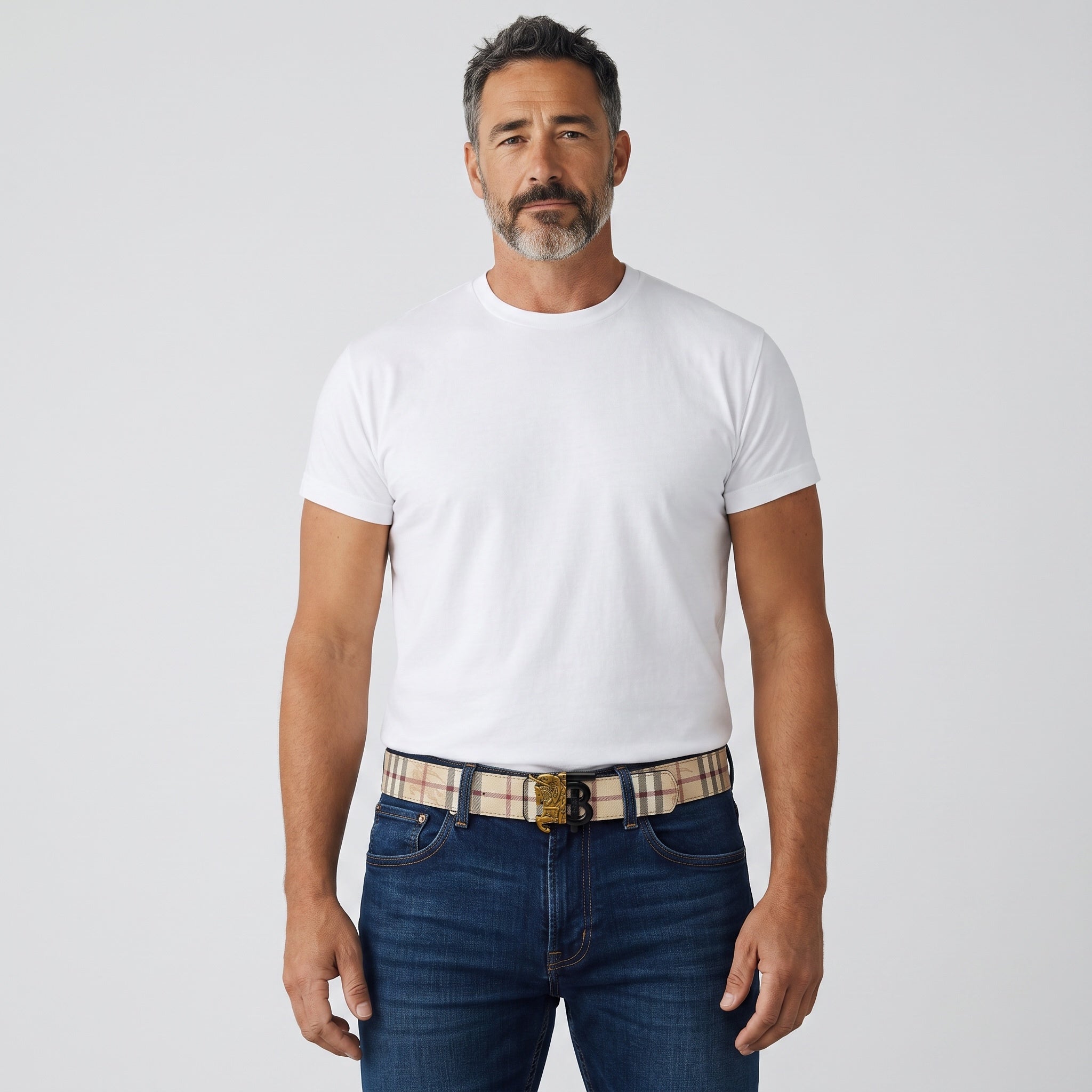 Burberry vintage check belt with gold TB buckle on model