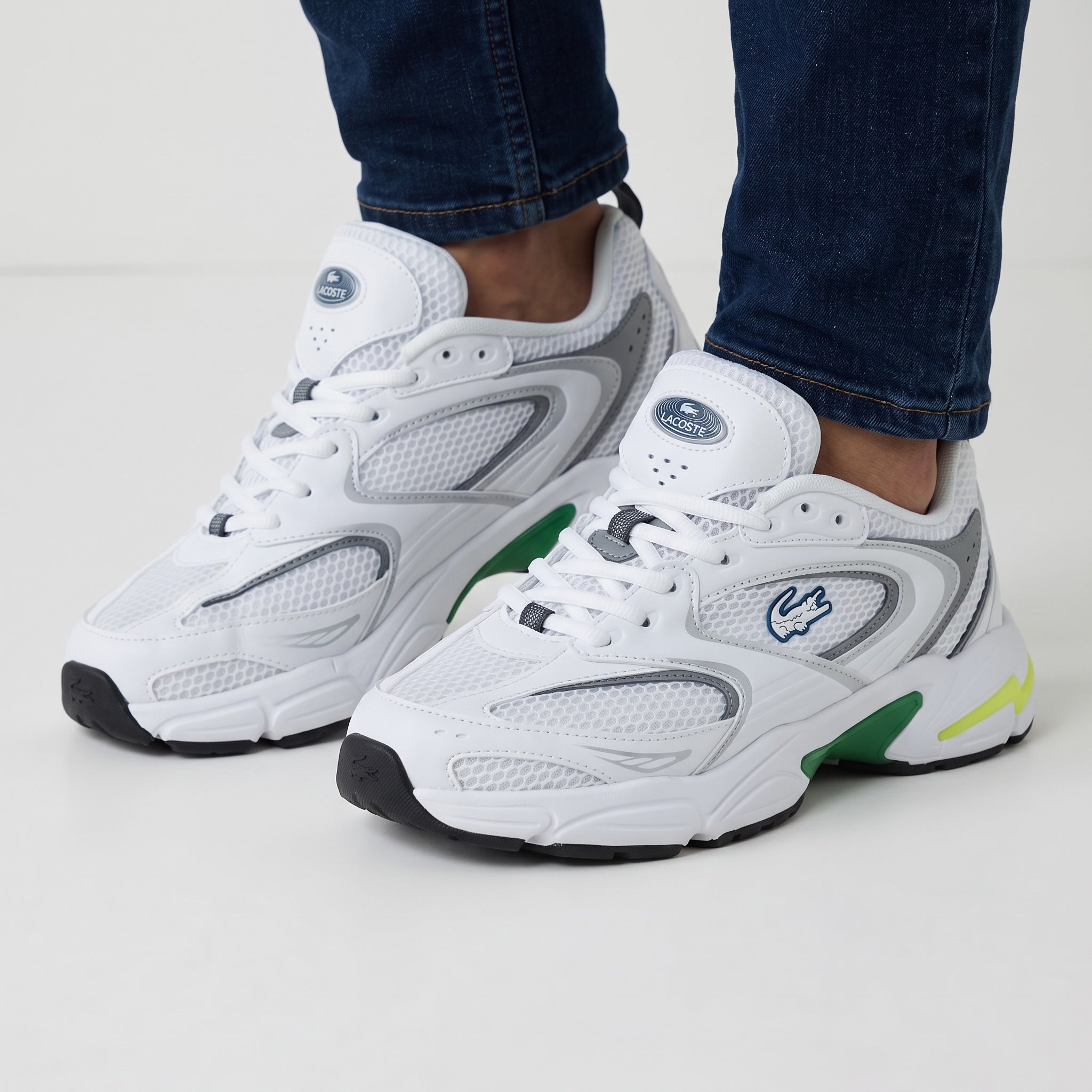 Lacoste white mesh chunky sneaker with green accents and croc logo