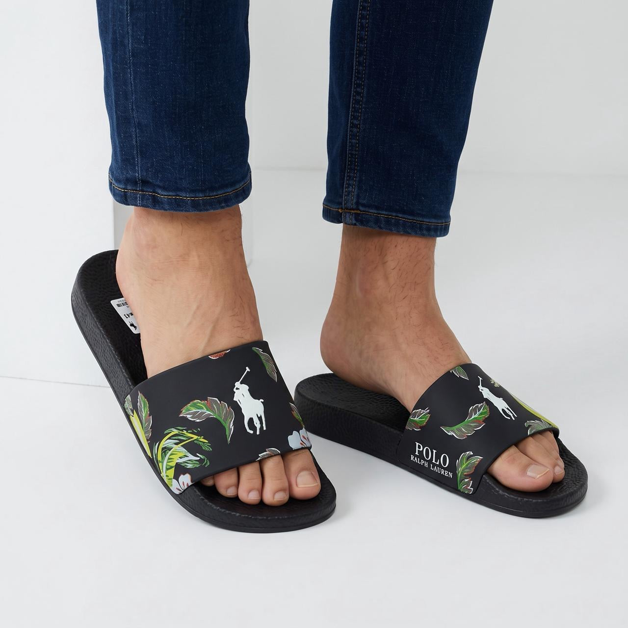 Polo Ralph Lauren black slides with tropical print and white Pony logo