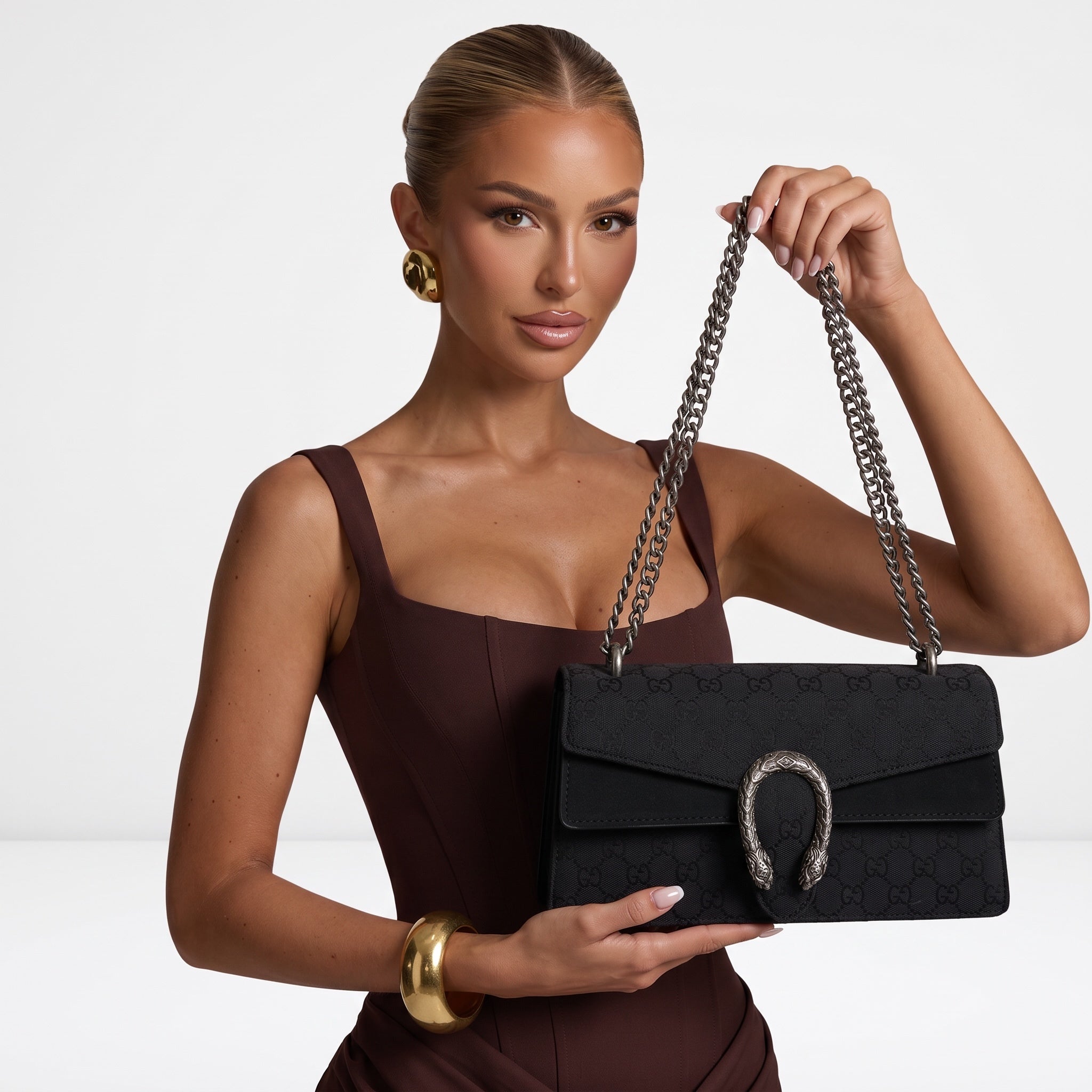 Gucci Dionysus black GG canvas mini flap bag with double tiger-head hardware and chain strap