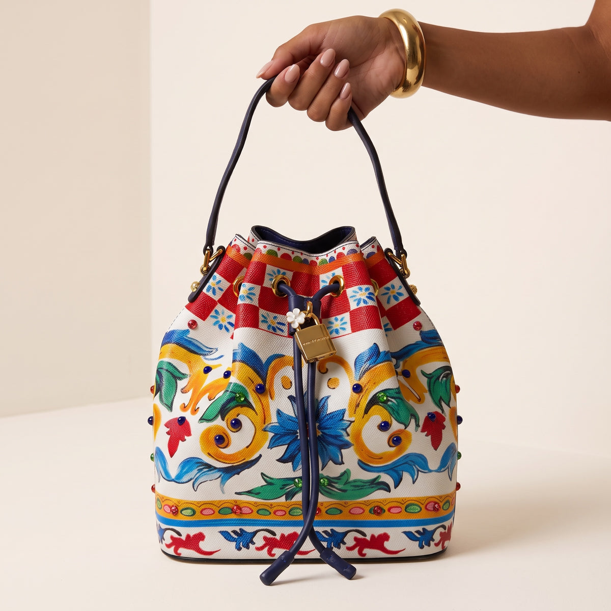 Dolce & Gabbana colorful baroque drawstring bucket bag with padlock charm