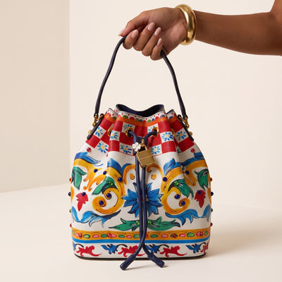 Dolce & Gabbana colorful baroque drawstring bucket bag with padlock charm