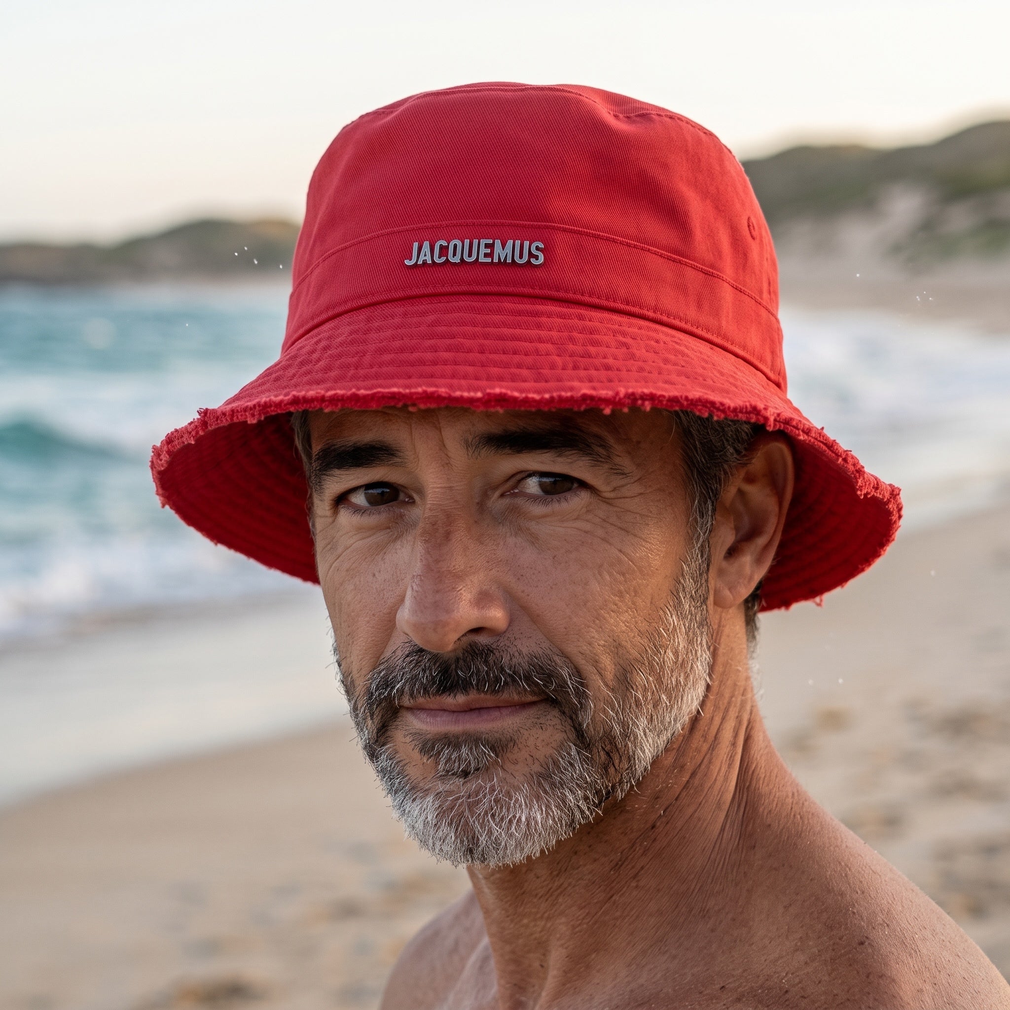 Red Jacquemus bucket hat with frayed brim and logo detail, worn at the beach