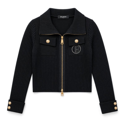 Black Balmain ribbed zip jacket with gold buttons and embroidered B logo