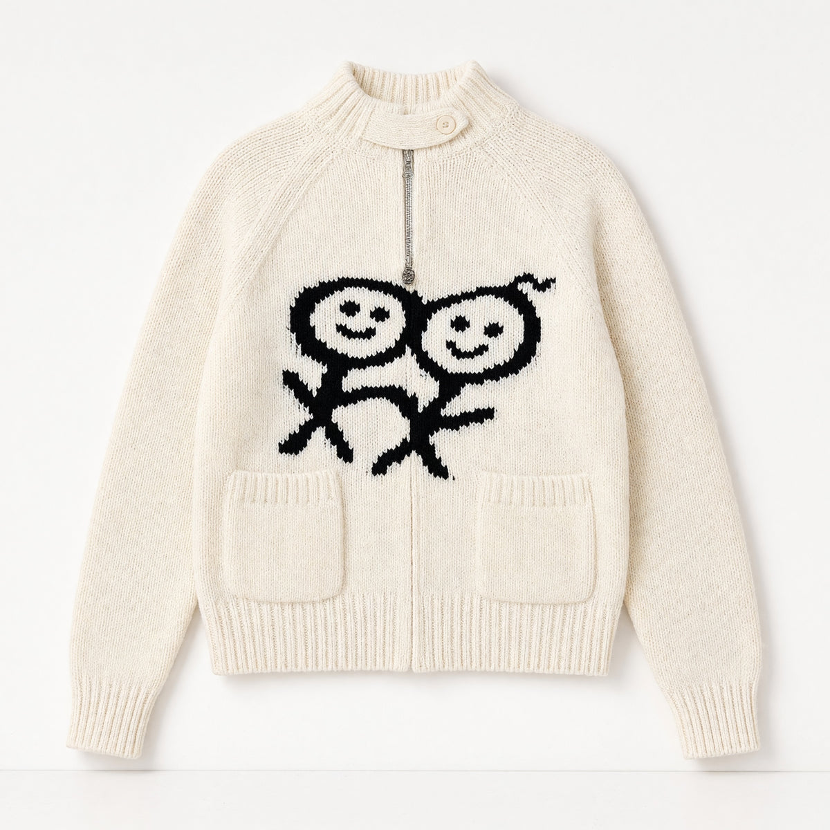 Cream zip knit sweater with black smiley motif and front pockets
