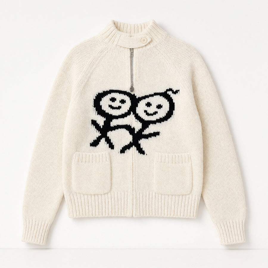 Urban sophistication Zip Knit Sweater – Cream Smiley Motif