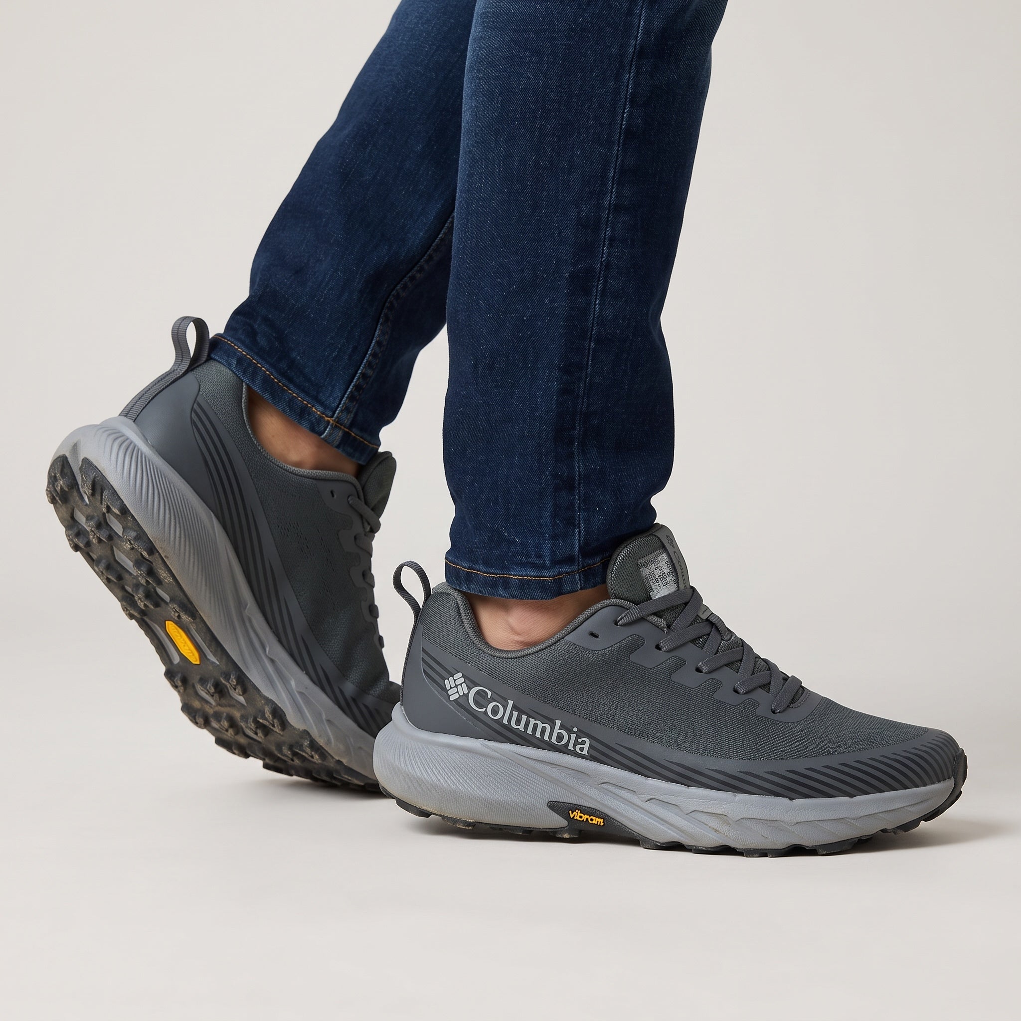Grey Columbia trail running sneaker with Vibram outsole