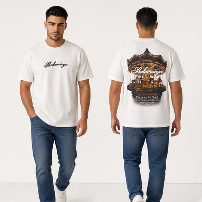 Wooyoungmi white t-shirt with chest script logo and large carousel graphic on back