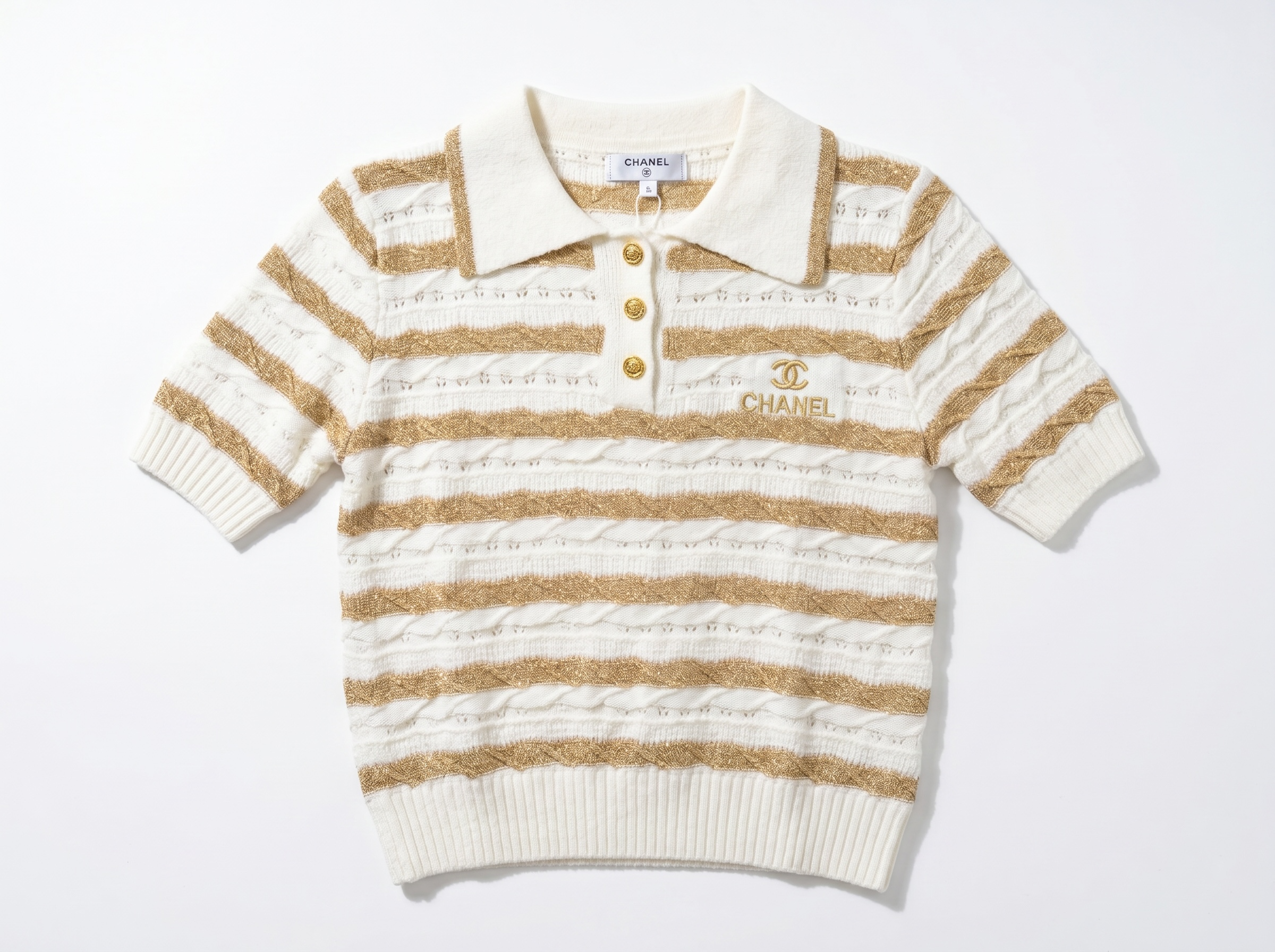 ✨ Chanel White & Gold Striped Knit Polo Top