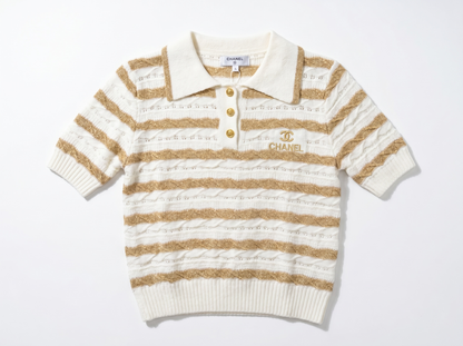 ✨ Chanel White & Gold Striped Knit Polo Top