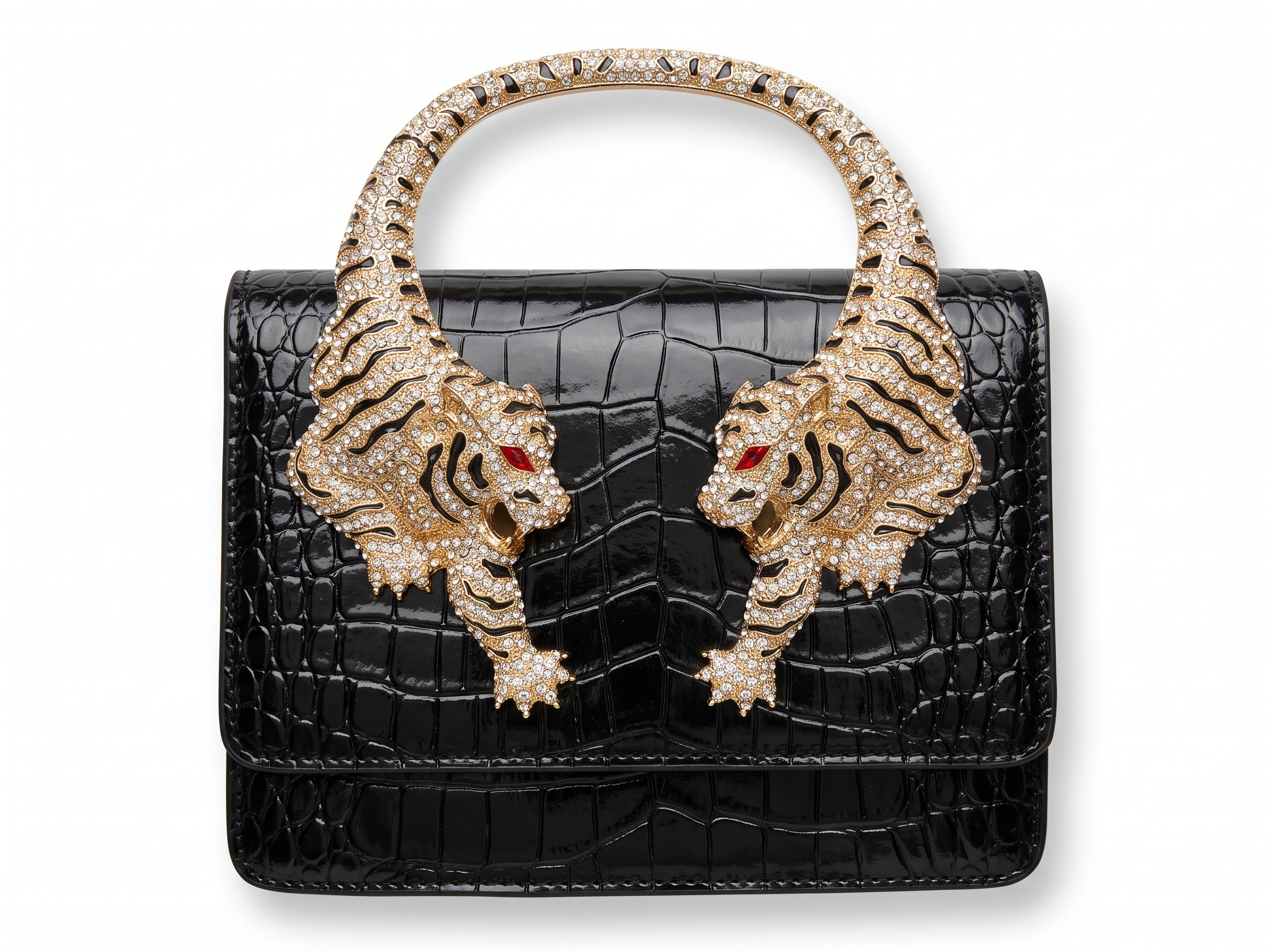 Roberto Cavalli Black Croc-Effect Bag with Crystal Tiger Handle 🐅🖤 | Fierce Italian Luxury & Power