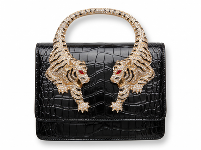 Roberto Cavalli Black Croc-Effect Bag with Crystal Tiger Handle 🐅🖤 | Fierce Italian Luxury & Power