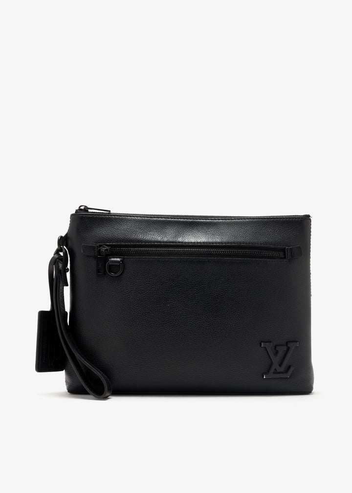 Black Louis Vuitton pouch with wrist strap and tonal LV logo
