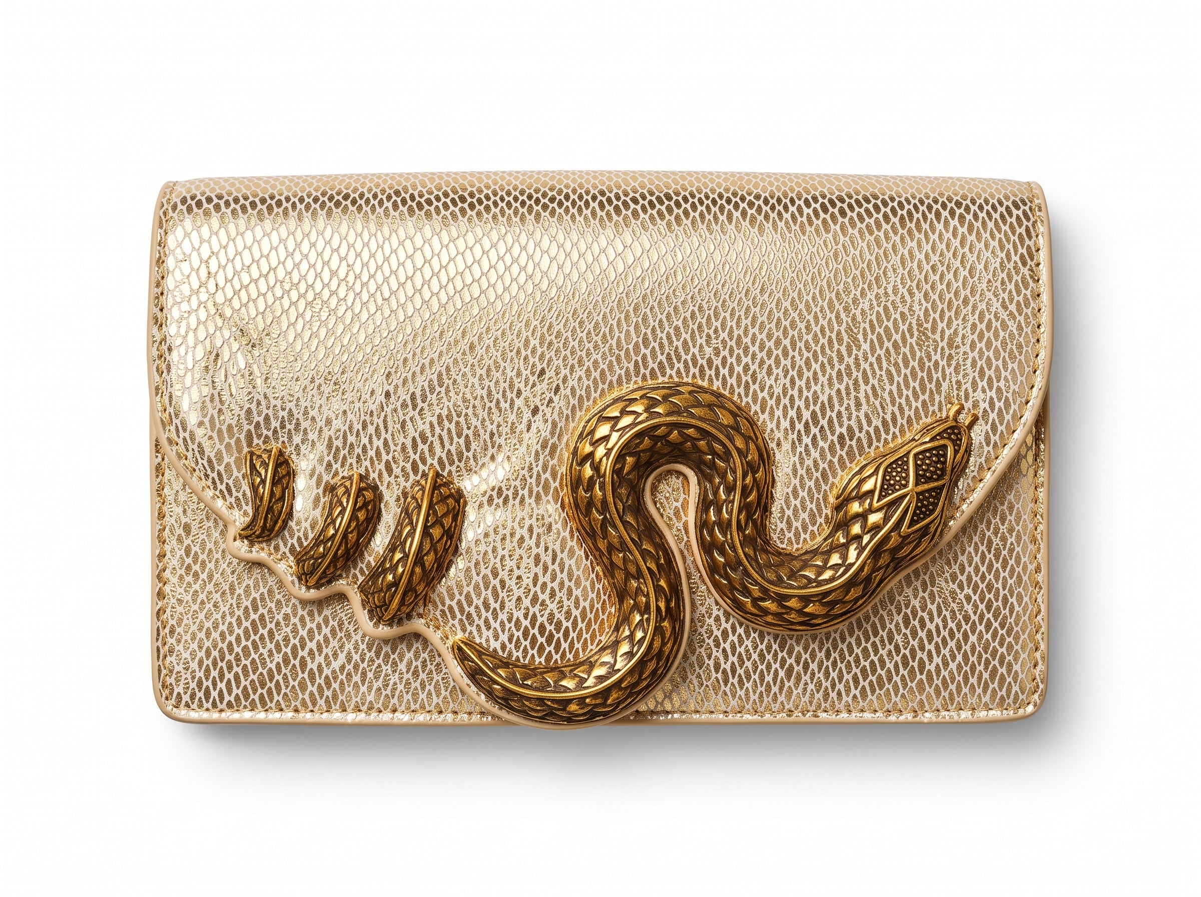 gold metallic envelope clutch with raised gold snake hardware