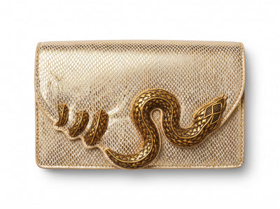 gold metallic envelope clutch with raised gold snake hardware