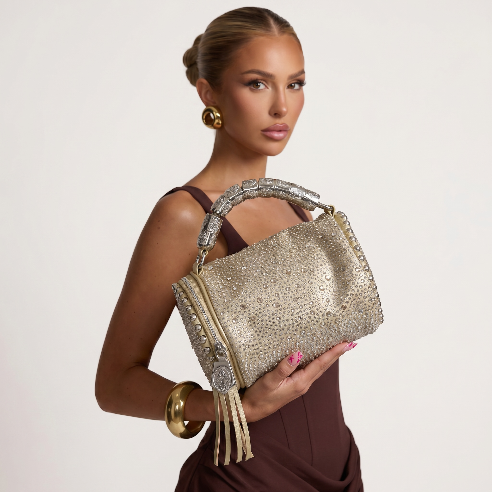 ✨ Crystal Embellished Evening Barrel Bag – Luxury Glam Statement Handbag
