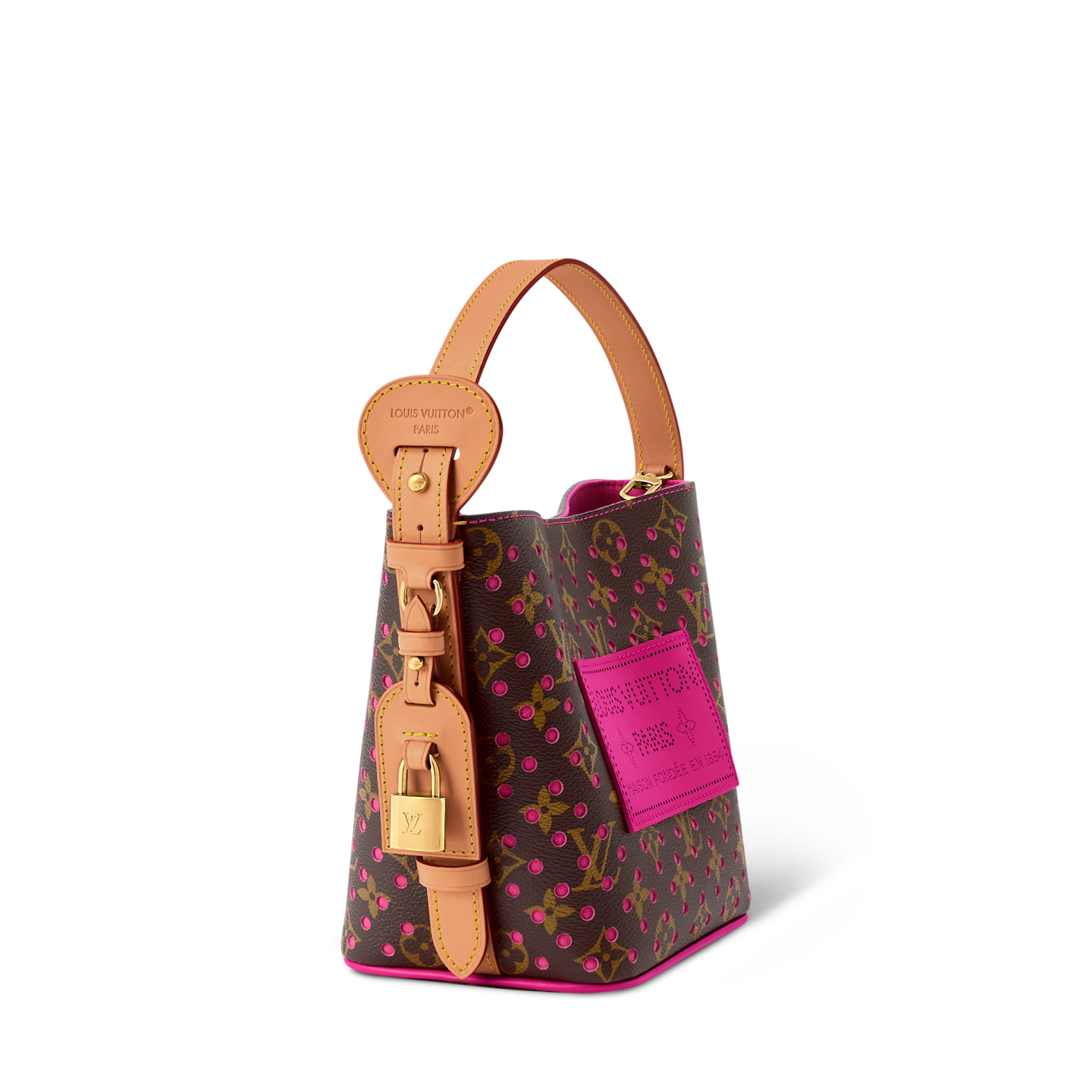 Louis Vuitton brown monogram bucket bag with pink perforations and natural leather handle