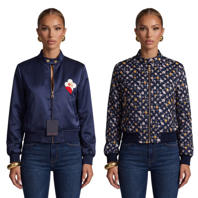 Louis Vuitton navy bomber jacket with floral monogram print and flower patch