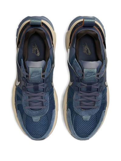 navy layered men's Nike sneaker with mesh and suede upper, cream midsole and blue outsole