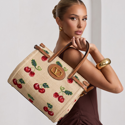 🍒 Valentino Cherry Embroidered Tote Bag – Beige