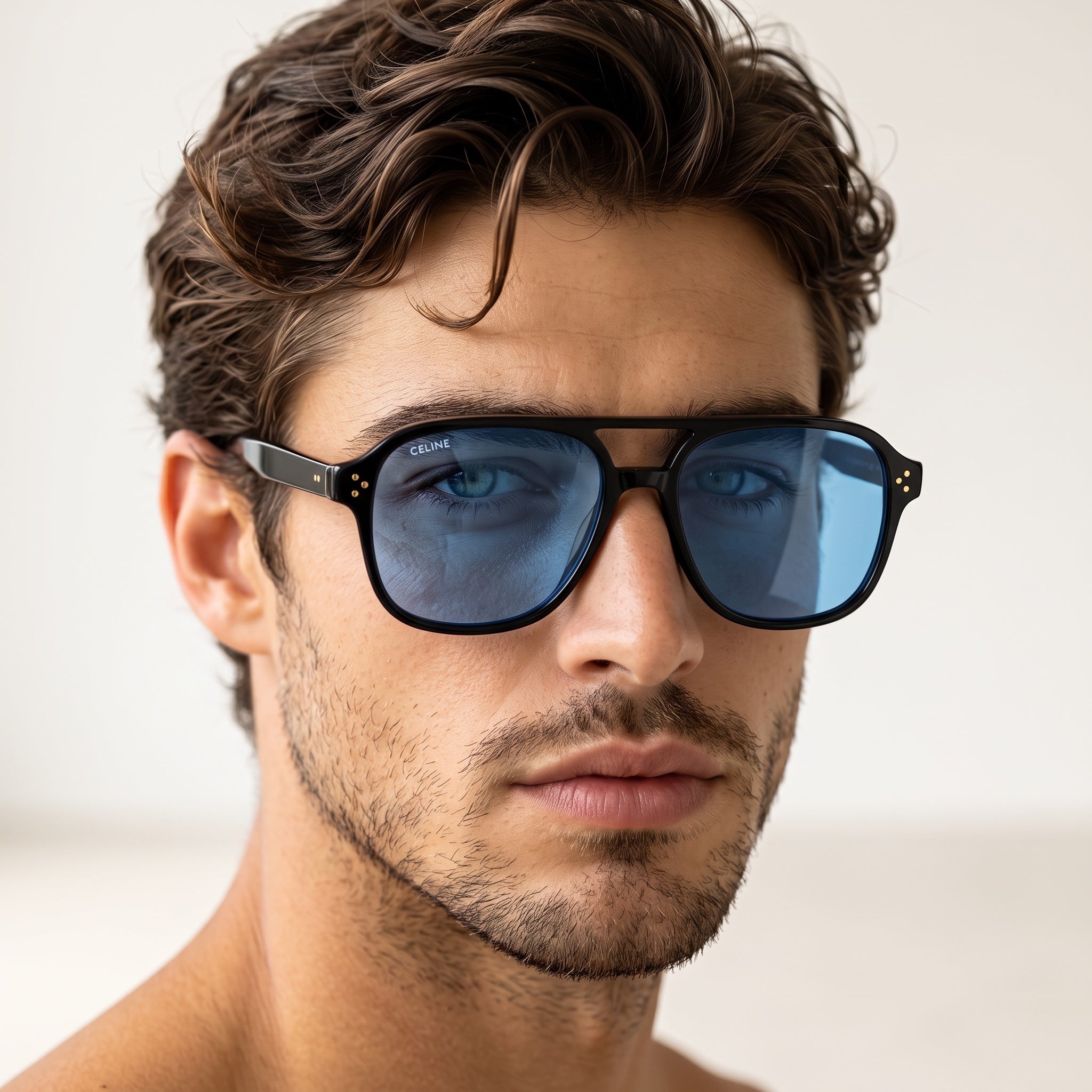 Close-up of Celine sunglasses with black frame and blue lenses on model
