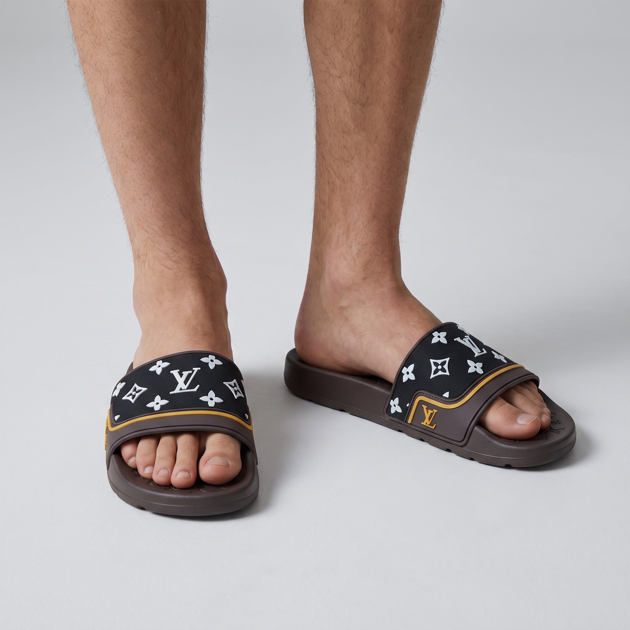 Men's Louis Vuitton monogram slide sandals in brown and black