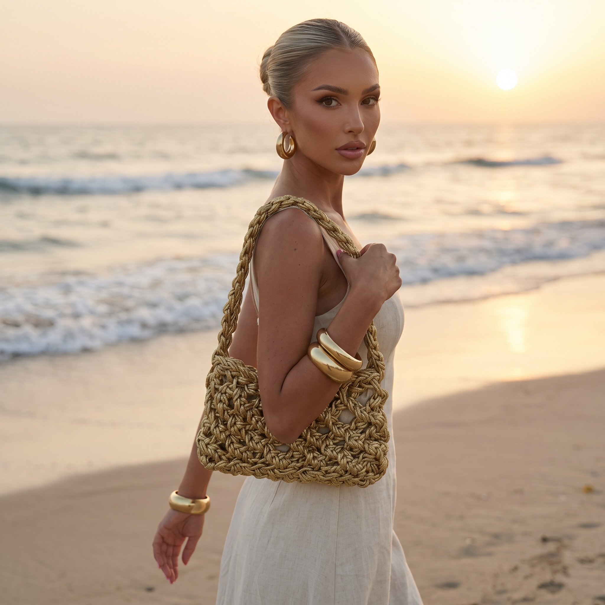 ✨ Woven Gold Crochet Shoulder Bag ✨