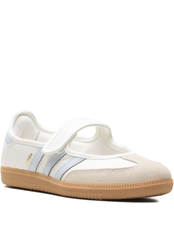 white adidas Samba Mary Jane sneaker with gum sole and velcro strap