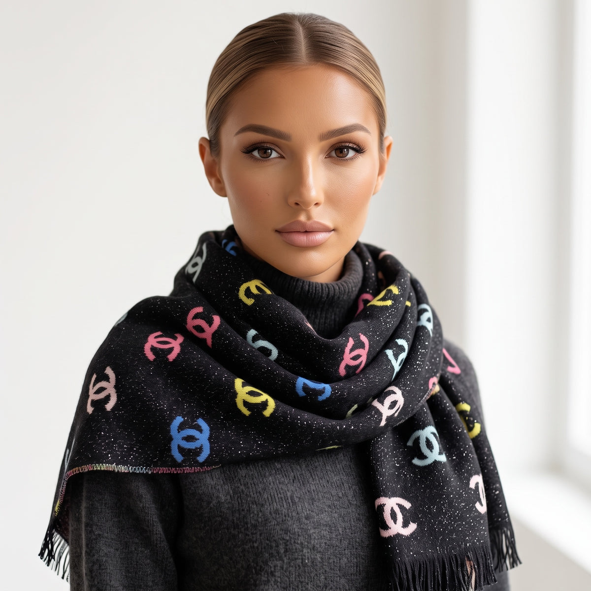 Black scarf with multicolor Chanel CC logo pattern and fringed ends