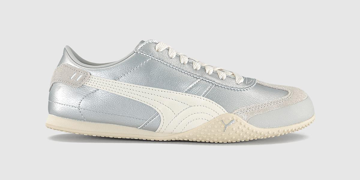Puma low-profile silver metallic trainer with cream formstrip and textured off-white sole