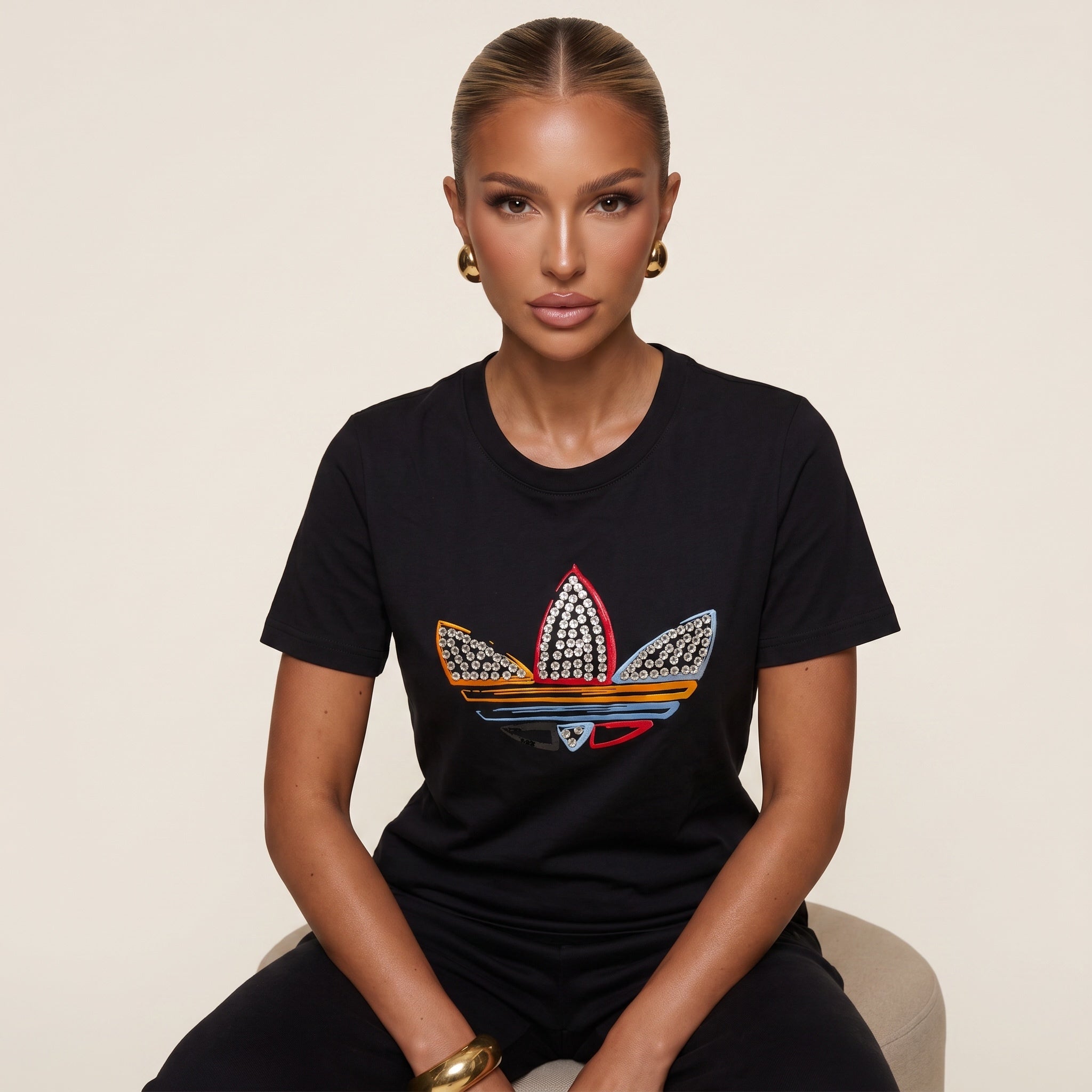 Black Adidas t-shirt with crystal embellished multicolor trefoil logo