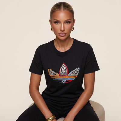 Black Adidas t-shirt with crystal embellished multicolor trefoil logo
