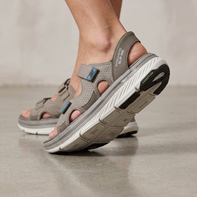 Skechers taupe sport sandals with chunky cushioned sole and hook-and-loop straps