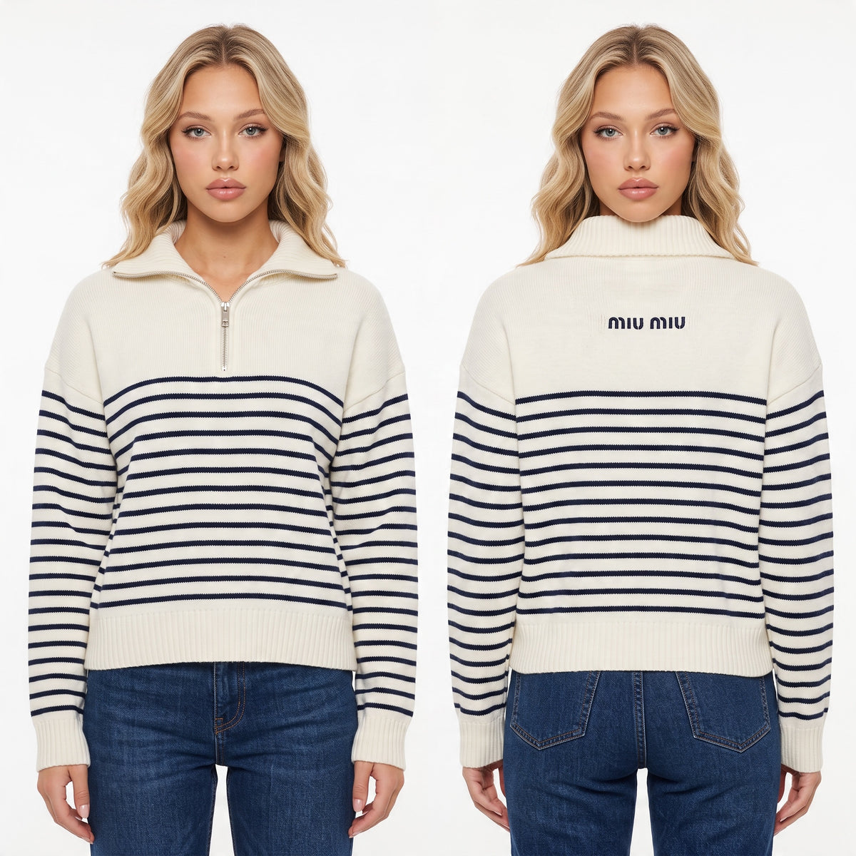 Cream and navy striped Miu Miu half-zip sweater with ribbed hem and embroidered logo on back