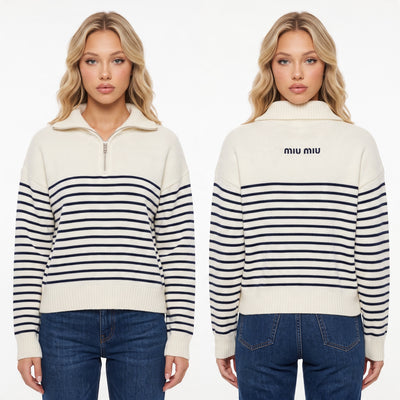 Cream and navy striped Miu Miu half-zip sweater with ribbed hem and embroidered logo on back