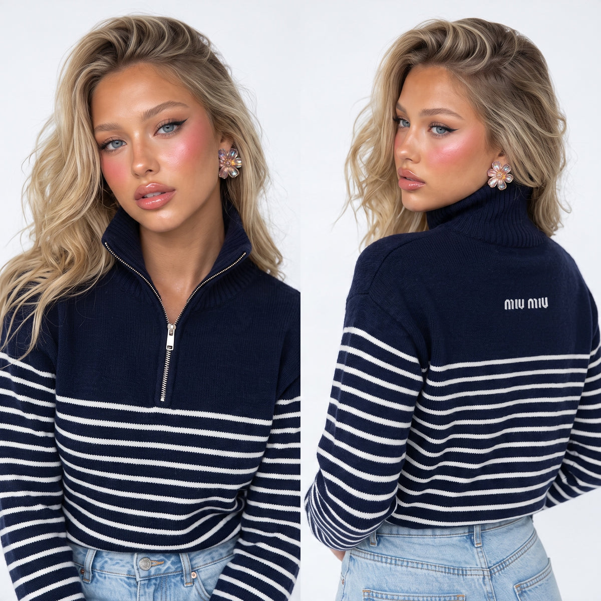 Miu Miu navy and white striped half-zip sweater with ribbed cuffs and visible logo