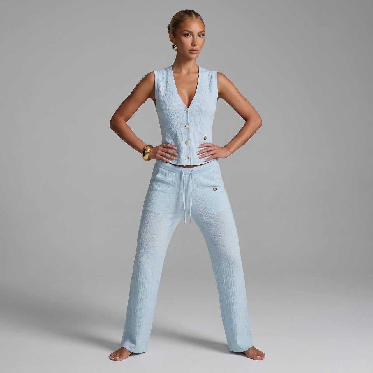 Loro Piana Textured Knit Co-Ord Set – Sky Blue 💙✨