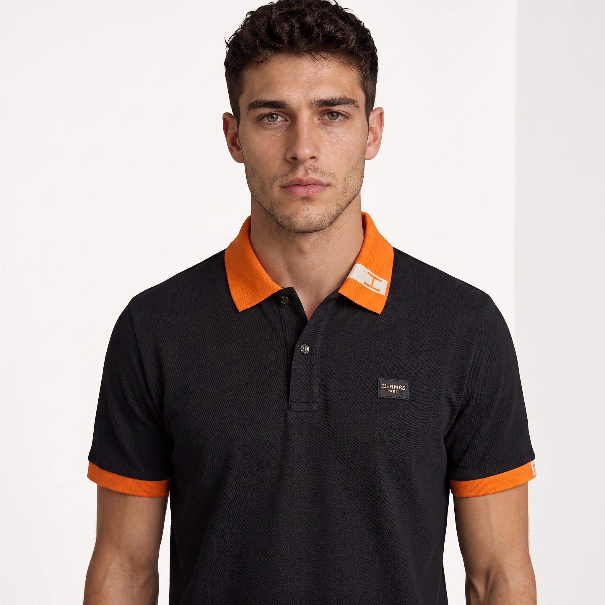 Black Hermès short-sleeve polo with orange collar and cuffs.