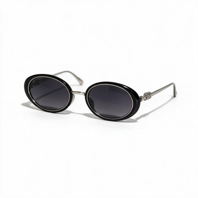 Black round Chanel sunglasses with silver temples and dark lenses