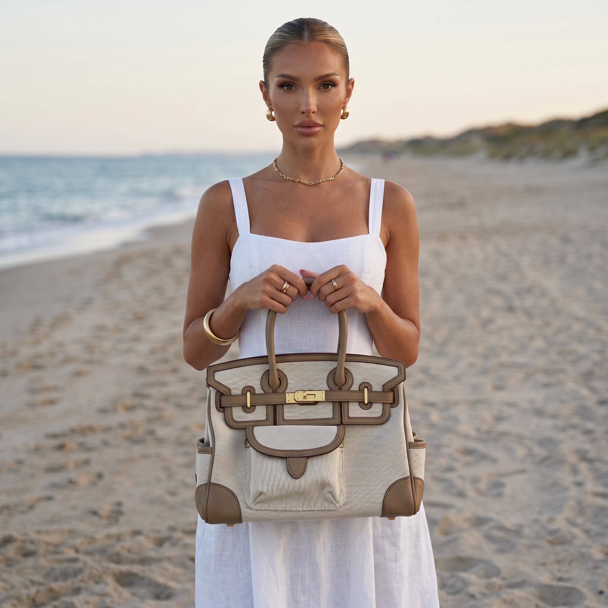 👜 Hermès Garden Party Style Canvas Tote – Beige & Taupe Luxury Handbag