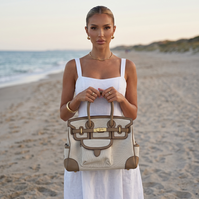 👜 Hermès Garden Party Style Canvas Tote – Beige & Taupe Luxury Handbag