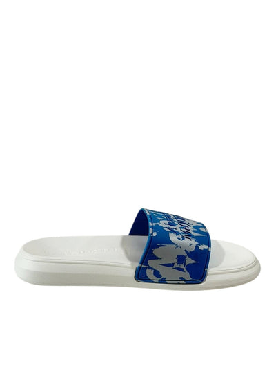 Alexander McQueen Urban Graphic Slide Sandals – Blue & White Luxury Streetwear 💙✨