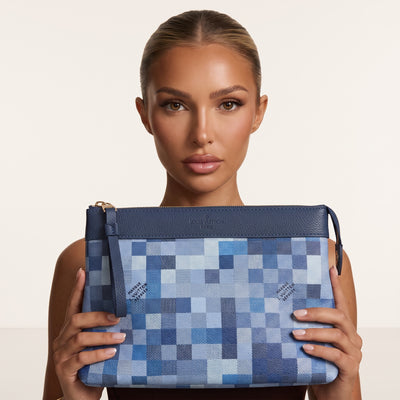 Blue Louis Vuitton Damier check pochette with wrist strap and top band