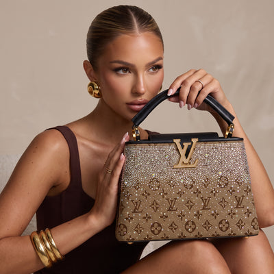 Louis Vuitton brown monogram top-handle bag covered in crystals with gold LV plaque