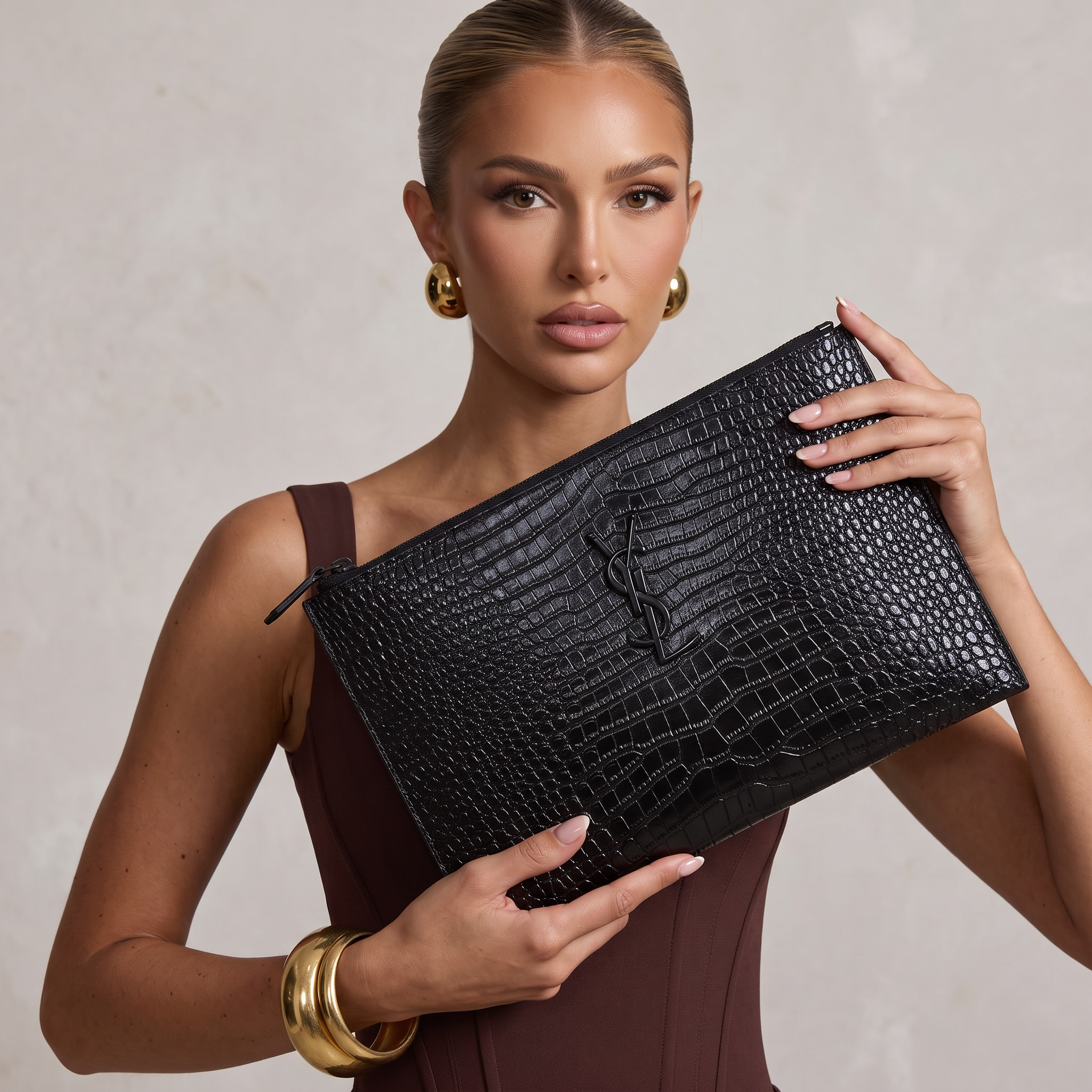 ✨ Saint Laurent Croc-Embossed Leather Pouch – Black